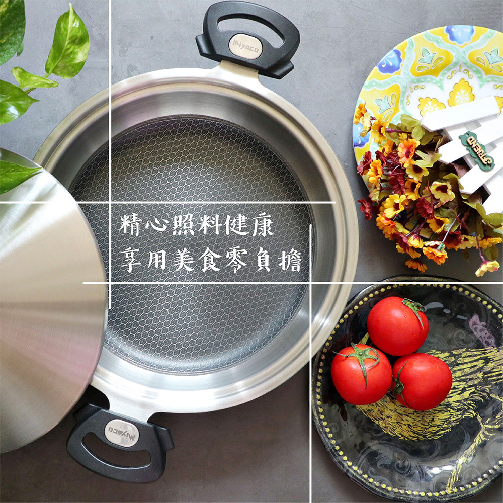Le idea 樂德兒│Miyaco 米雅可 新型 316不銹鋼 網紋不沾平底鍋 蜂巢不沾平底鍋 IH 附蓋 28cm