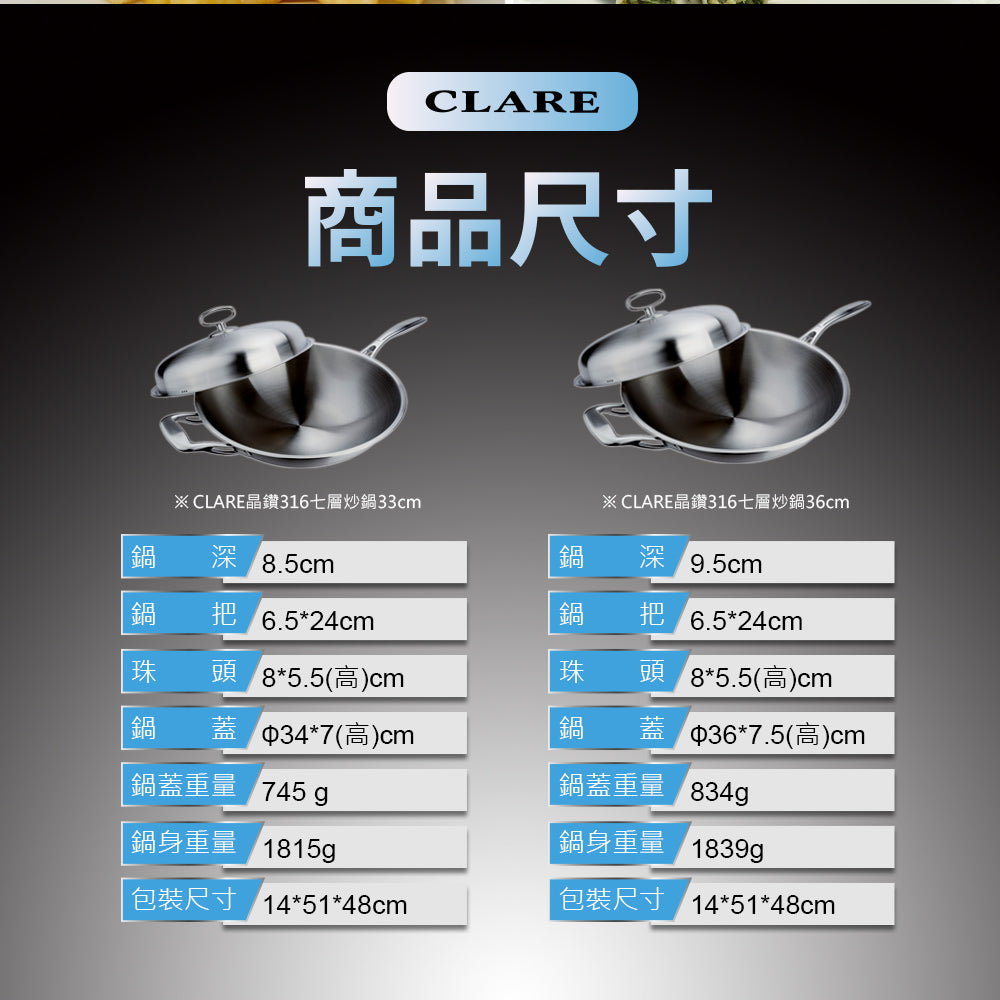 Le idea 樂德兒│CLARE 晶鑽 316不鏽鋼 七層 複合金 炒鍋 附蓋