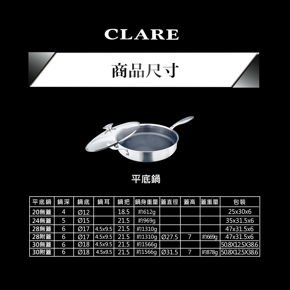 Le idea 樂德兒│CLARE 典鑽 316不鏽鋼 不沾平底鍋 蜂巢塗層不沾鍋 深型不沾平底鍋